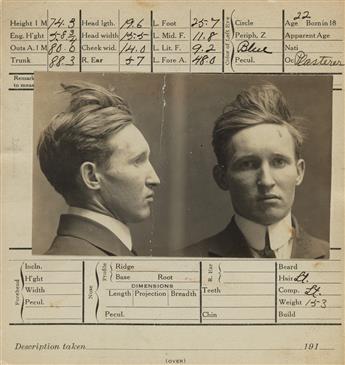 (AMERICAN MUG SHOTS) Group of 50 Bertillon-inspired mug shot cards featuring criminals apprehended on the West